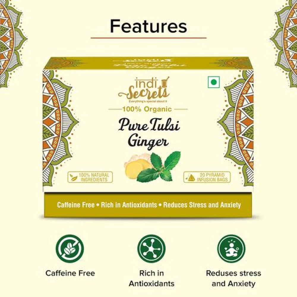 IndiSecrets Organic Tea - Tulsi & Ginger, 36 g (20 Bags x 1.8 g each)-5.webp